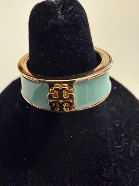 Tory Burch Gold-Tone Ring with Tiffany Blue  Color  Enamel and Logo